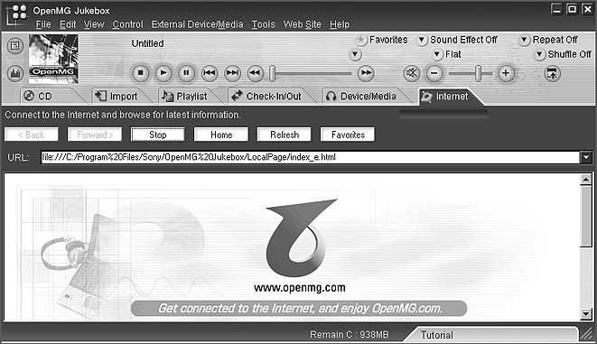 Importing audio files into your computer To use an EMD service 1 Click the Internet tab to display the Internet window. An introduction to the OpenMG Home Page appears on the window.