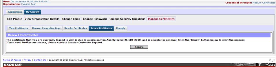 Select the certificate to renew. You will be presented with the certificate expiration information and a Renew button.