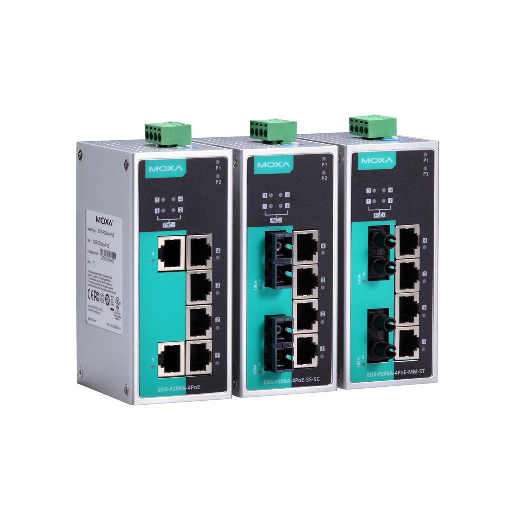 EDS-P206A Series 6-port unmanaged Ethernet switches with 4 IEEE 802.3af/at PoE+ ports Features and Benefits IEEE 802.
