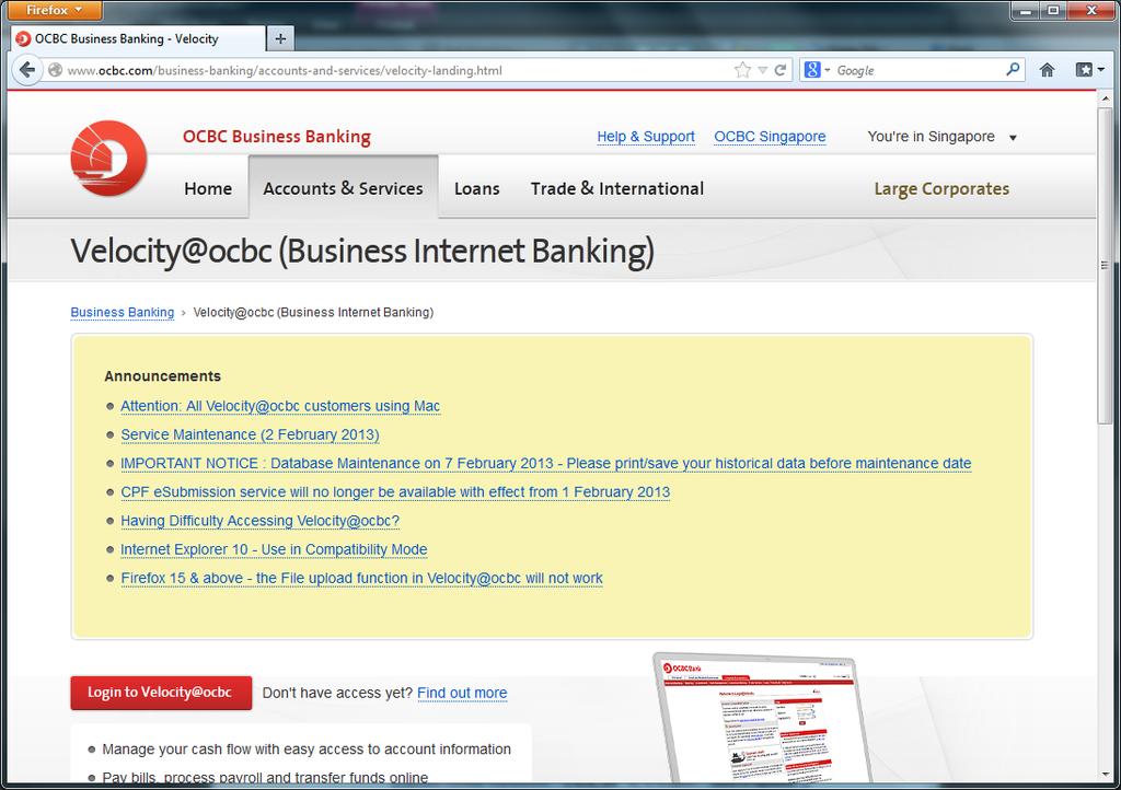 Login using Firefox 1. Launch Firefox and go to bbmy.ocbc.com > Click on Login to Velocity@ocbc 2.