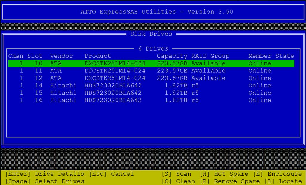 Displaying the Drive List (ExpressSAS RAID adapter only) Selecting the Display Drive List Menu item displays a list of all disks which are connected to the adapter with the following information for