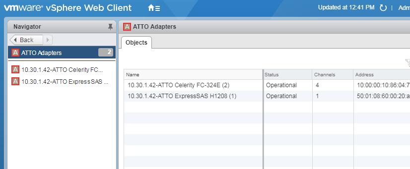 the ATTO Adapters collection available via the vcenter View: Exhibit 55 vconfigtool Adapter Listing View To select an adapter, you may either double-click on one of the adapter objects presented in