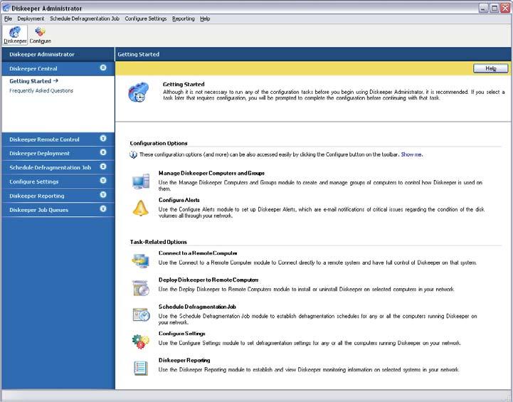 16 Diskeeper Administrator Operation Getting Started Display After you have configured the Diskeeper Administrator database, the Getting Started page is displayed.