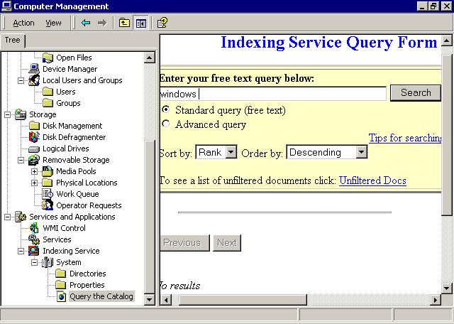 Windows 2000 Management Utilities 141 FIGURE 4.14 A query in the Indexing Service Using the Indexing Service is covered in more detail in Chapter 10, Accessing Files and Folders.