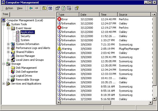 Windows 2000 Management Utilities 131 Event Viewer The Event Viewer utility tracks information about your hardware and software. You can also monitor Windows 2000-related security events.