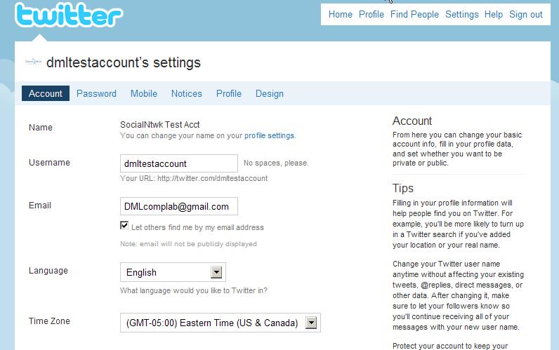 Social Networking In Action 15 Account settings tab Working with Tweets Figure 16: Twitter Account Settings Page Twitter allows