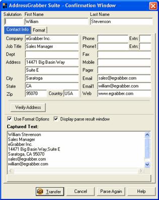 The AddressGrabber Suite Confirmation window appears displaying the extracted contact details.