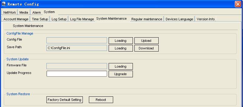 The interface of configuration file manage is as figure 6.9, it supports the function of uploading and downloading configuration file. Figure 6.