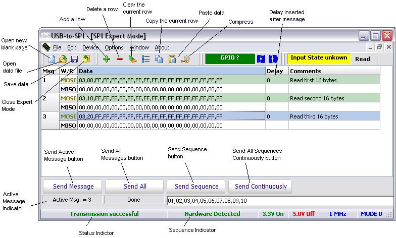 Expert Mode The figure below shows the Expert Mode screen. Each SPI message is shown as two rows. The first row in the message is the MOSI, or Master Out Slave In.