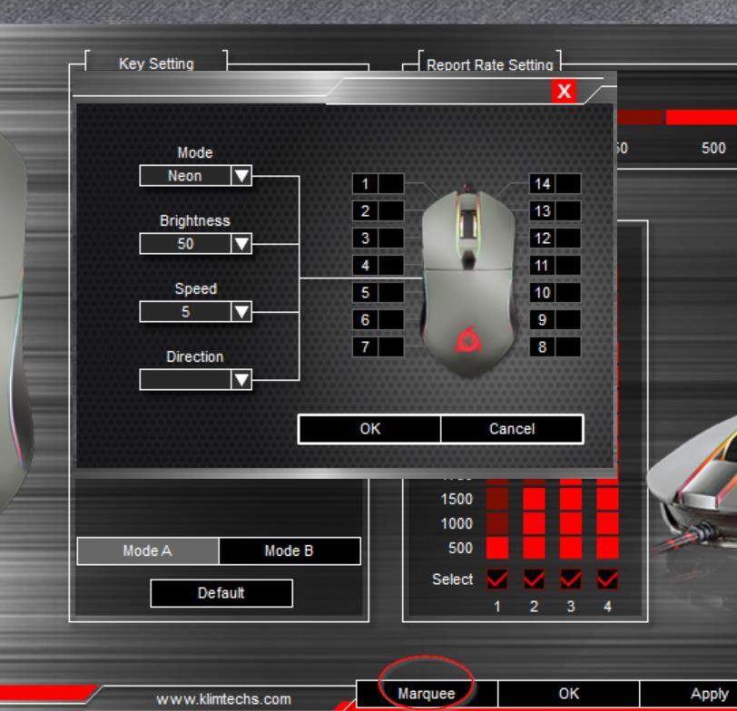 Adjusting the DPI The KLIM Aim Gaming mouse has 4 different DPI levels, which you can change using the DPI Loop button (6). Use this screen to specify the DPI for each one of the 4 levels.