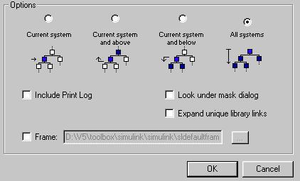 Printing a Model Printing a Block Diagram Selecting the menu item File Print displays this print dialog When you select either the Current system and belowor All systems option, box (only a portion