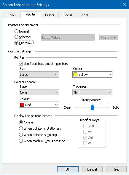 106 The Pointer tab Setting Pointer Enhancement Normal Scheme Custom Description Disables all pointer enhancements.