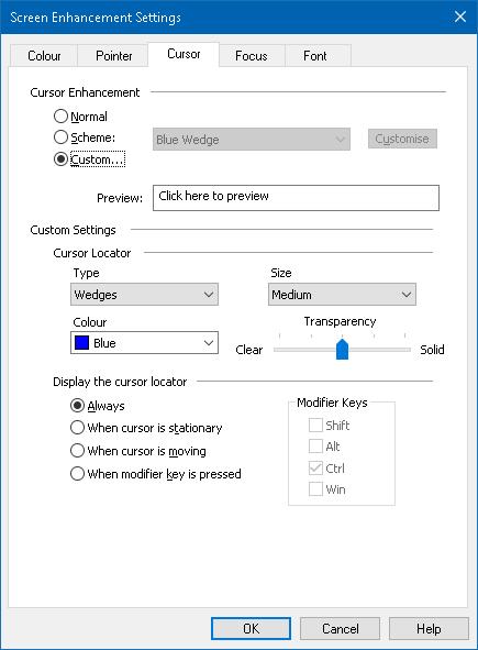 110 The Cursor tab Setting Cursor Enhancement Normal Scheme Custom Description Disables all cursor enhancements.