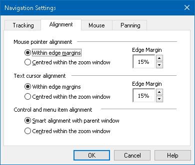 Chapter 5 Magnifier Features 121 Alignment Alignment options control how the zoom window scrolls to keep tracked items in view. There are two general types of alignment; edge and centre.