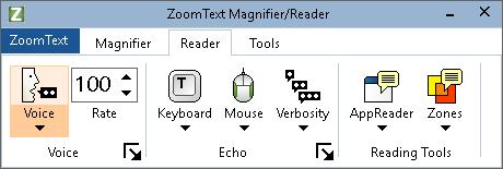 128 The Reader Toolbar Tab The Reader toolbar tab provides quick-action buttons for enabling and adjusting all of ZoomText's Reader features.