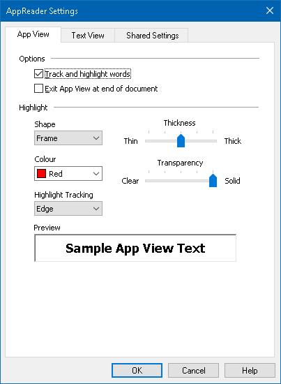 Chapter 6 Reader Features 165 App View Settings The App View settings allow you to customize the appearance of word highlighting in AppReader, including the highlight shape, colour, and transparency
