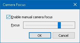 202 To adjust the camera focus 1. Select the Focus button. The Camera Focus dialog appears. 2. Place a checkmark next to Enable manual camera focus. 3. Move the Focus slider to adjust the image focus.