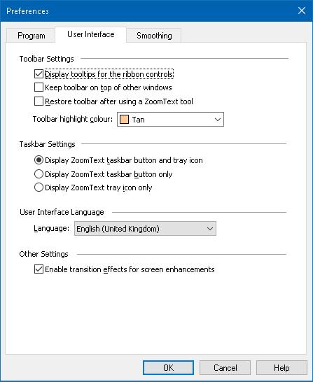 Chapter 9 Preference Settings 227 User Interface Preferences User interface preferences control how the ZoomText user interface appears on the Windows desktop.