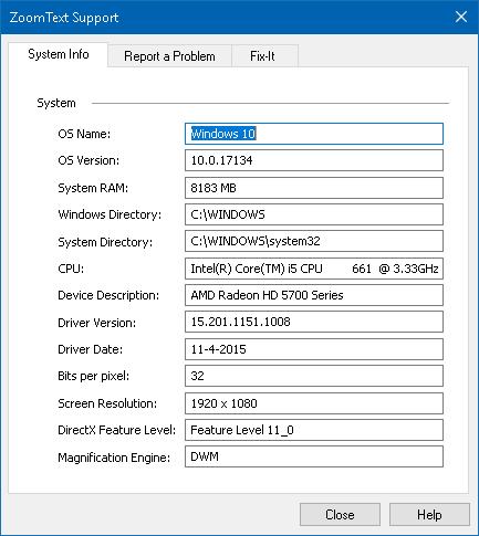 260 System Information The System Info dialog displays a collection of information about your system's hardware, software and configuration that may be useful in diagnosing a problem.
