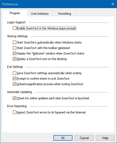Chapter 3 Running ZoomText 33 The Program tab Setting Logon Support Enable ZoomText in the Windows logon prompt