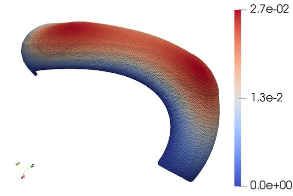 Figure 13: Diffusion on a deforming half pipe: Surface domain and solution shown at selected times.