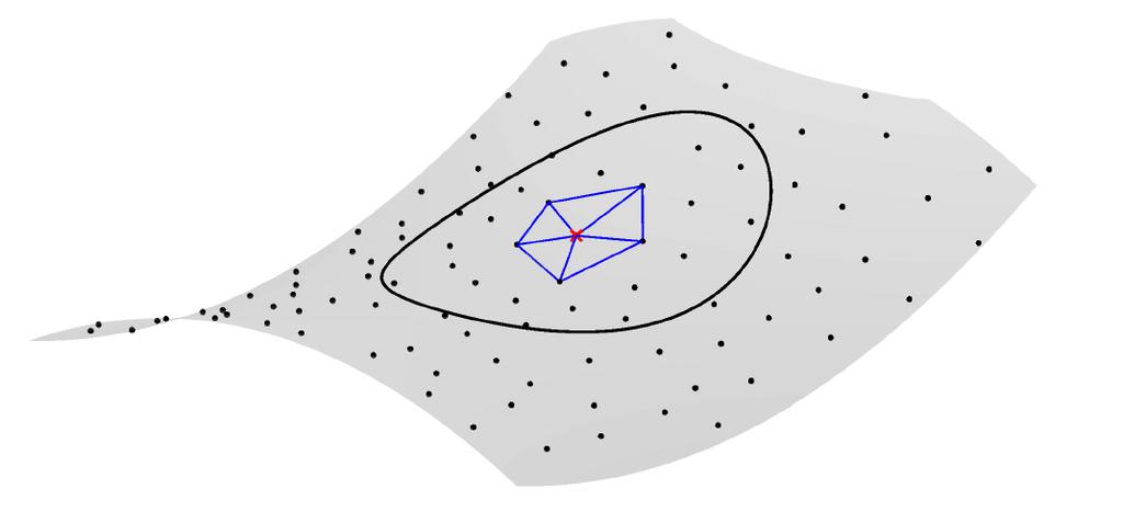 Figure 1: Local triangulation of a point on a surface. The central point is marked with a red cross. The black circle around it marks the neighbourhood of the central point.