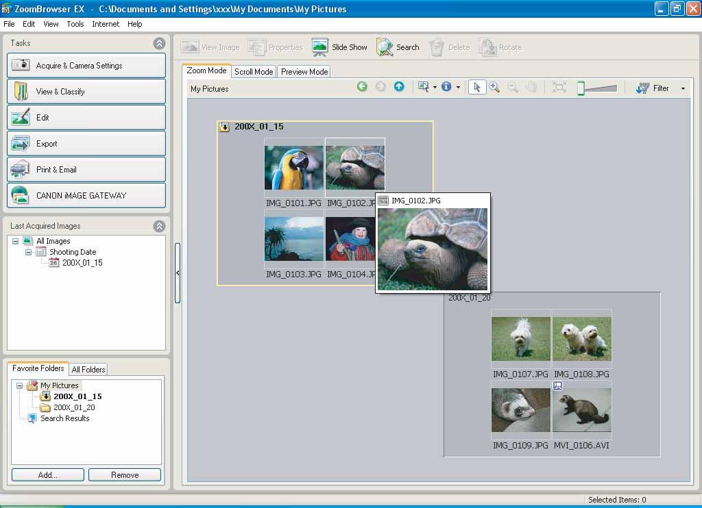 Main Window ZoomBrowser EX is a software program used for organizing, printing and editing the downloaded still images.