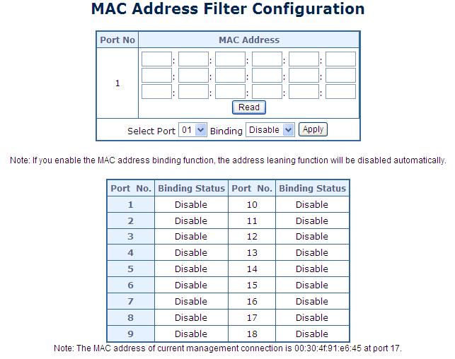 4.6 Security This section is to control the access to the PoE Web Smart Switch, including the MAC Address Filter and TCP/UDP Filter.
