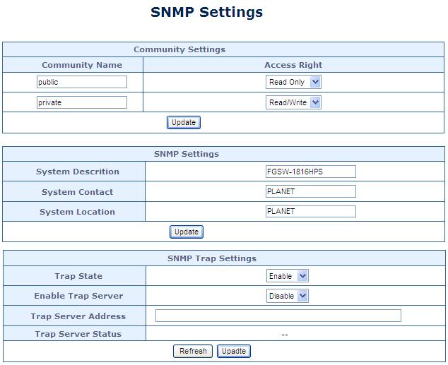 Figure 4-13-1 SNMP Configuration Page Screenshot The Page includes the following fields: Object Community Name Access Right Description A string identifying the SNMP Community name that this entry