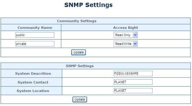 This page allows configuring SNMP functions Settings. The SNMP functions Settings screen in Figure 4-13-1 appears.