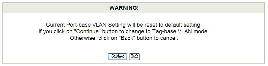 Figure 4-4-3 Change VLAN Mode Warning Web Page Screen Press the Continue button and the current Port-based VLAN mode will swap to the Tag-based VLAN
