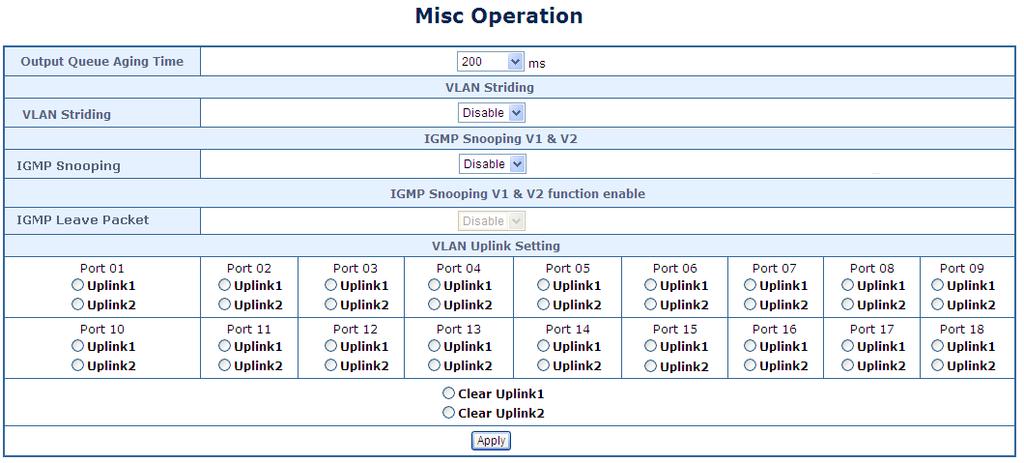 Figure 4-12-5 Misc Operation Configuration Page Screenshot The page includes the following fields: Object Aging time(ms) Description Use higher Output Queue Aging Time will have bad utilization of