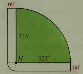 The diagram shows some dimensions in a baseball stadium. H represents home plate.