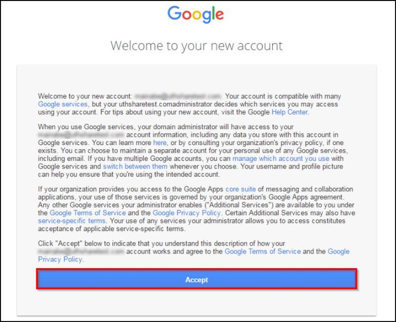 If it is your first time accessing Google with your UTH Share account, you will be shown a prompt about how your account is managed by