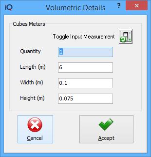 VOLUMETRICS ENABLED If the Volumetrics pop-up was enabled and the item was for example set to measure in Cubes Meters, the following screen will appear once the user gets to the quantity field during