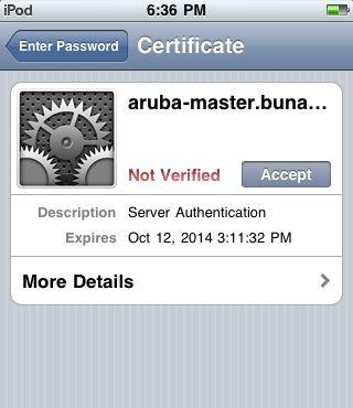 with a certificate acceptance screen notifying of a non-verified certificate.