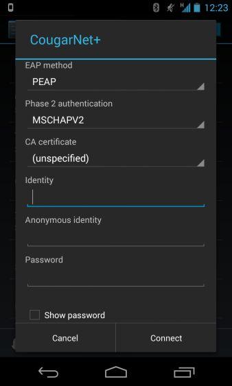 Change the EAP method to PEAP Change the Phase 2 Authentication to MSCHAPv2 Identity is your Active Directory Credentials Example: cfikes or cfikes@bunaisd.