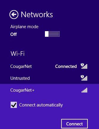 Choose CougarNet+ Select Connect Automatically Enter your