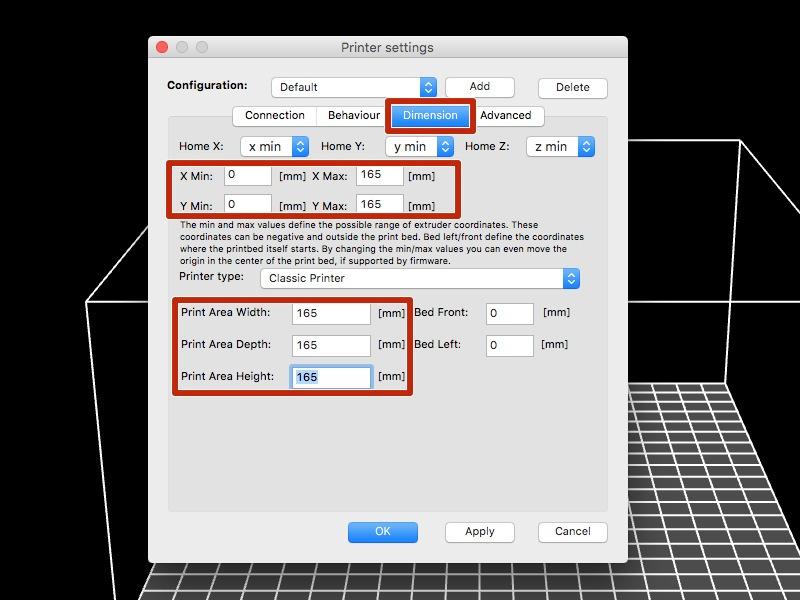 Select the Baud Rate menu and then select 115200 and then select Apply Select the Dimension tab in the Printer settings window and