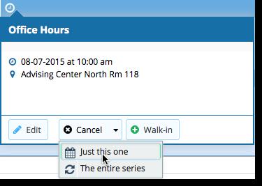 Editing Office Hours Edit/Cancel a series of office hours from the Agenda, Day, or Week view.