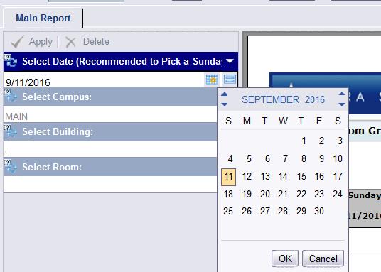 If you have run the report before, you will see information for the previous run. The first parameter field is Select Date. Click on the Calendar icon to the right of the field.