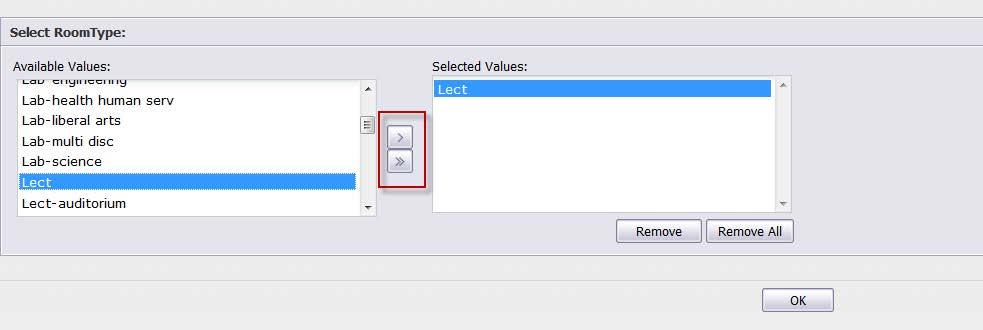 Next select the Room Type from the Available Values box and use the