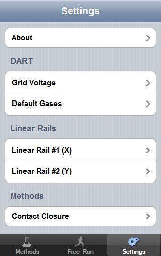 Settings Page About Grid Voltage Default Gases X / Y Rail Contact Closure View version information about your system.