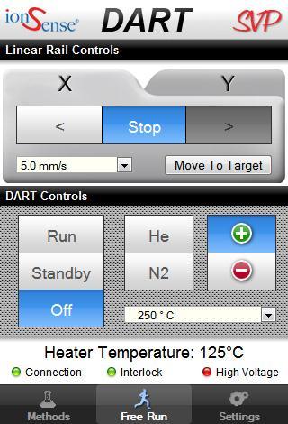 Free Run Page The main page of the DART software is called the Free Run page. From this page the user has the ability to manually control the linear rails and the DART source.