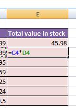 Creating formulas Open a workbook called Formulas. Click on cell E3. In cell E3 we need to create a formula that will calculate the value of the stock for that particular component.