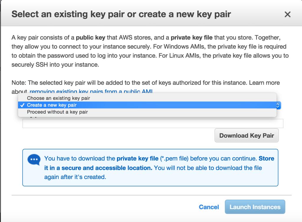 12. Select or create a private key pair (and be sure to download this important information). The private key pair is required at first login.