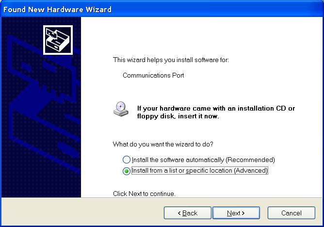 The following screen should open when the PC finds the new hardware device.