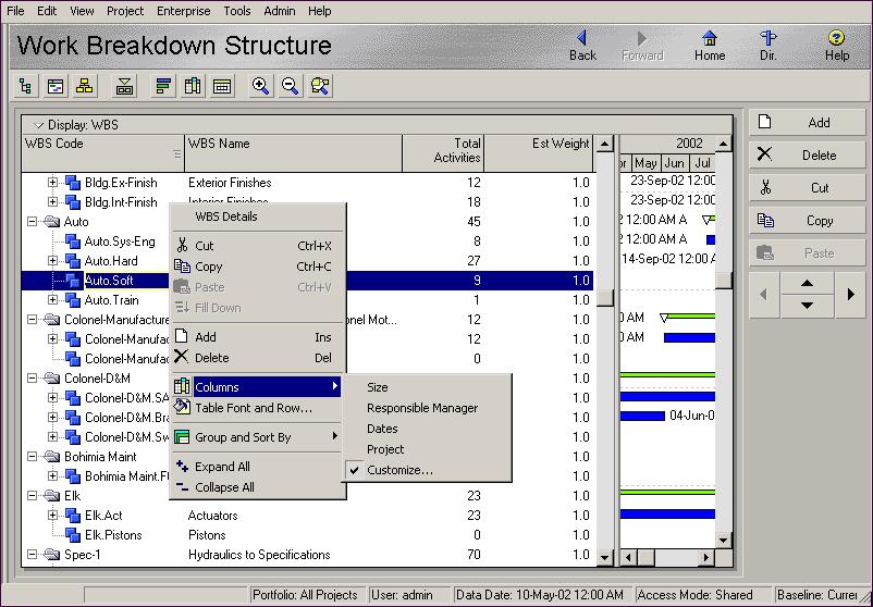 142 Part 2: Structuring Projects You can also right-click to select the columns to display for entering data. Type directly in the column field for the WBS element to enter its estimated weight.