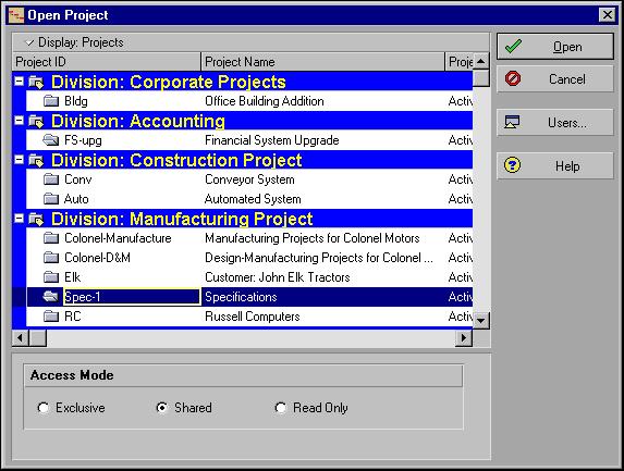 You can group by project code in the Open Project dialog box and in the Projects window, by right-clicking anywhere in the dialog box or window, choosing Group and Sort By, then selecting the project