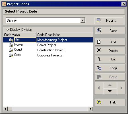 Establishing Project Codes 159 Define project codes and values Choose Enterprise, Project Codes. Click Modify in the Project Codes dialog box, then define as many project code definitions as you need.
